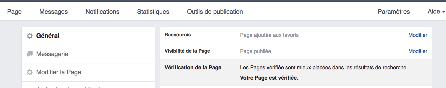 vérification de la page facebook