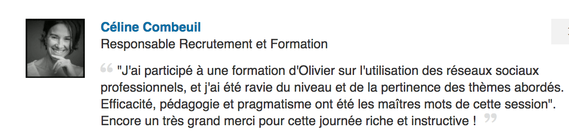Carte de profil de type LinkedIn avec photo, nom et texte de description de recrutement en français