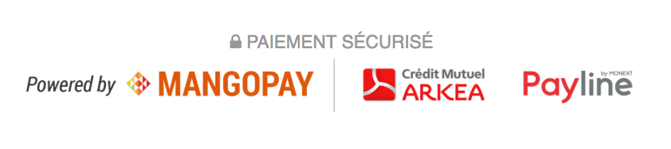 Logos de sécurité des paiements : Mangopay, Arkéa et Payline sur une barre gris clair