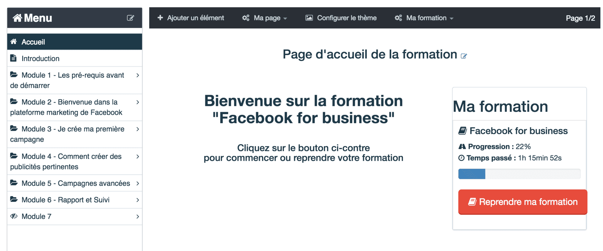 Une capture d'écran d'une page Facebook pour les entreprises