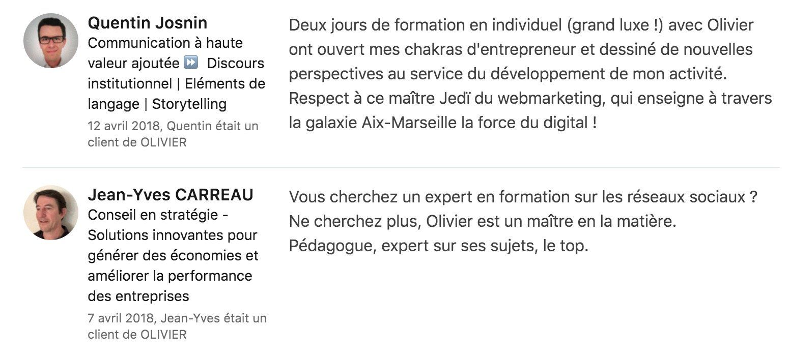 Deux publications de type réseaux sociaux côte à côte, avec photos de profil et extraits de texte en français.