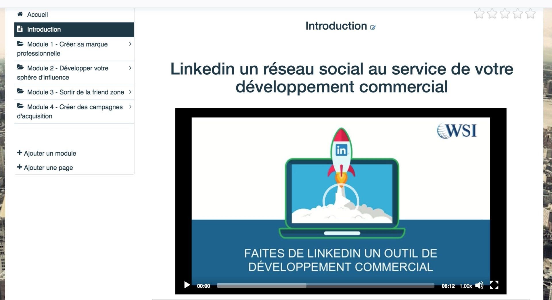 Diapositive de présentation en français sur LinkedIn pour le développement commercial, avec une illustration d'ordinateur portable et le logo WSI.