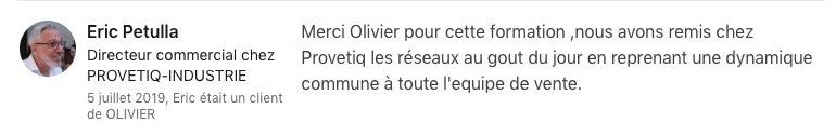 Publication LinkedIn d'Eric Petula félicitant Olivier pour son coaching encourageant et motivant auprès de l'équipe commerciale.