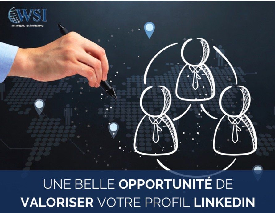 A hand is drawing a group of people on a board with the words une belle opportunite de valoriser votre profil linkedin