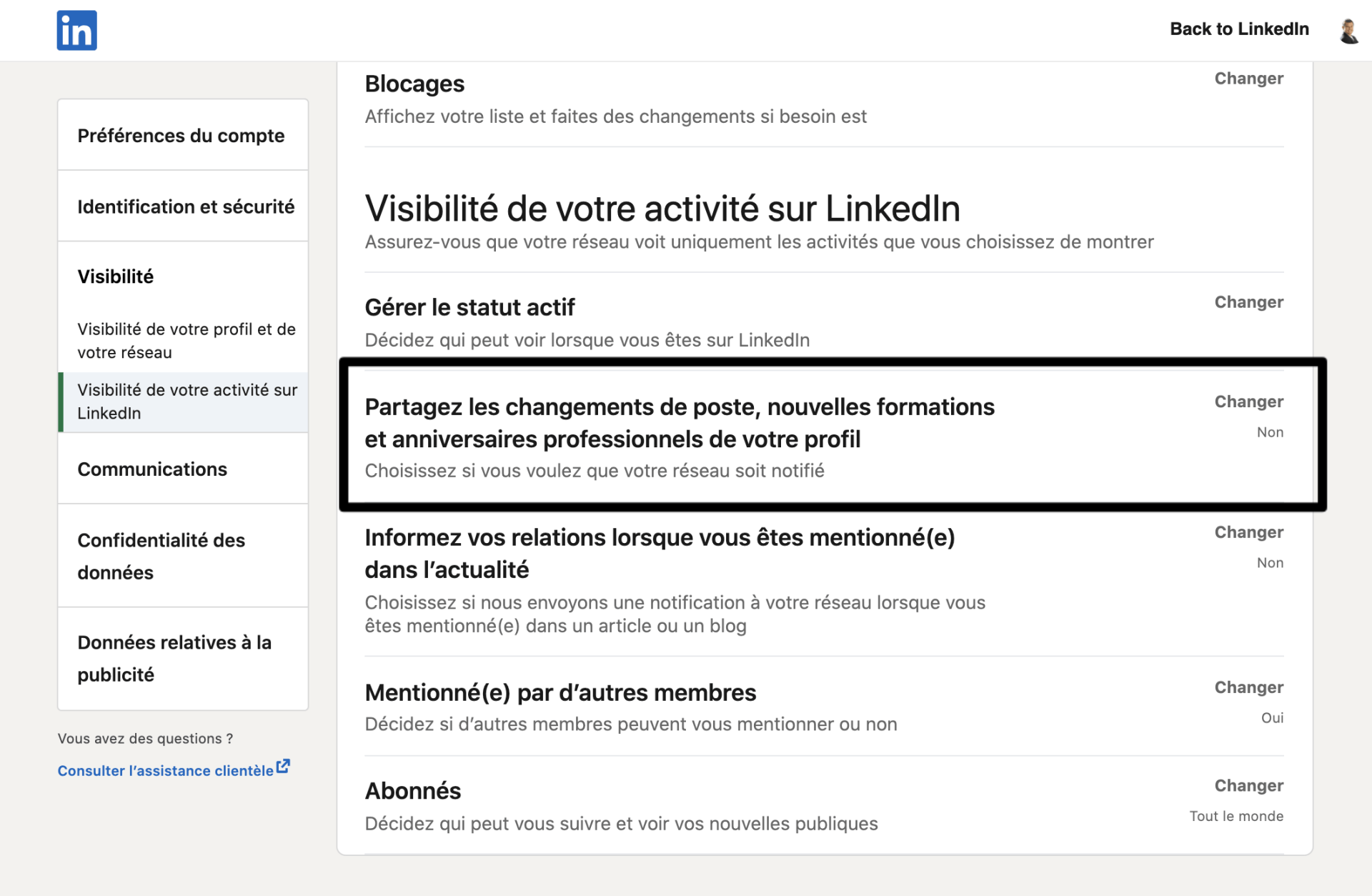 paramètre notification profil linkedin