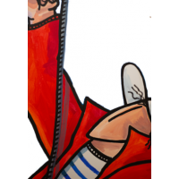 Gros plan style dessin animé d'une personne vêtue de rouge, portant une chaussure blanche et une chaussette rayée.