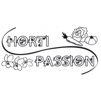 Logo floral noir et blanc « HORTI PASSION » avec des roses et des volutes décoratives
