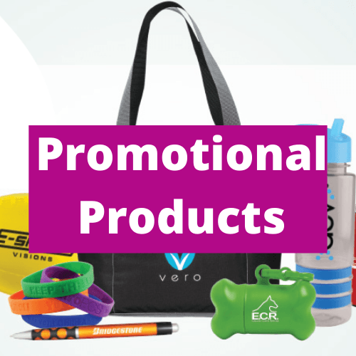 A purple sign that says promotional products on it