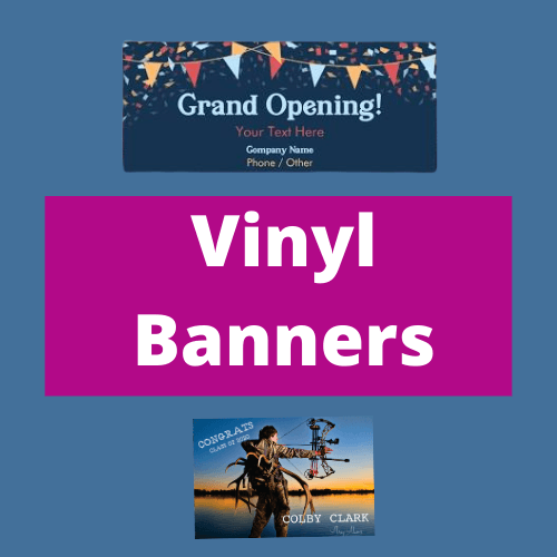 A collage of vinyl banners on a blue background.