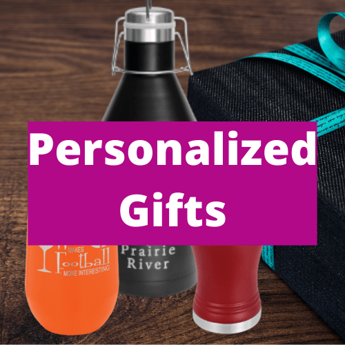 A purple sign that says personalized gifts on it