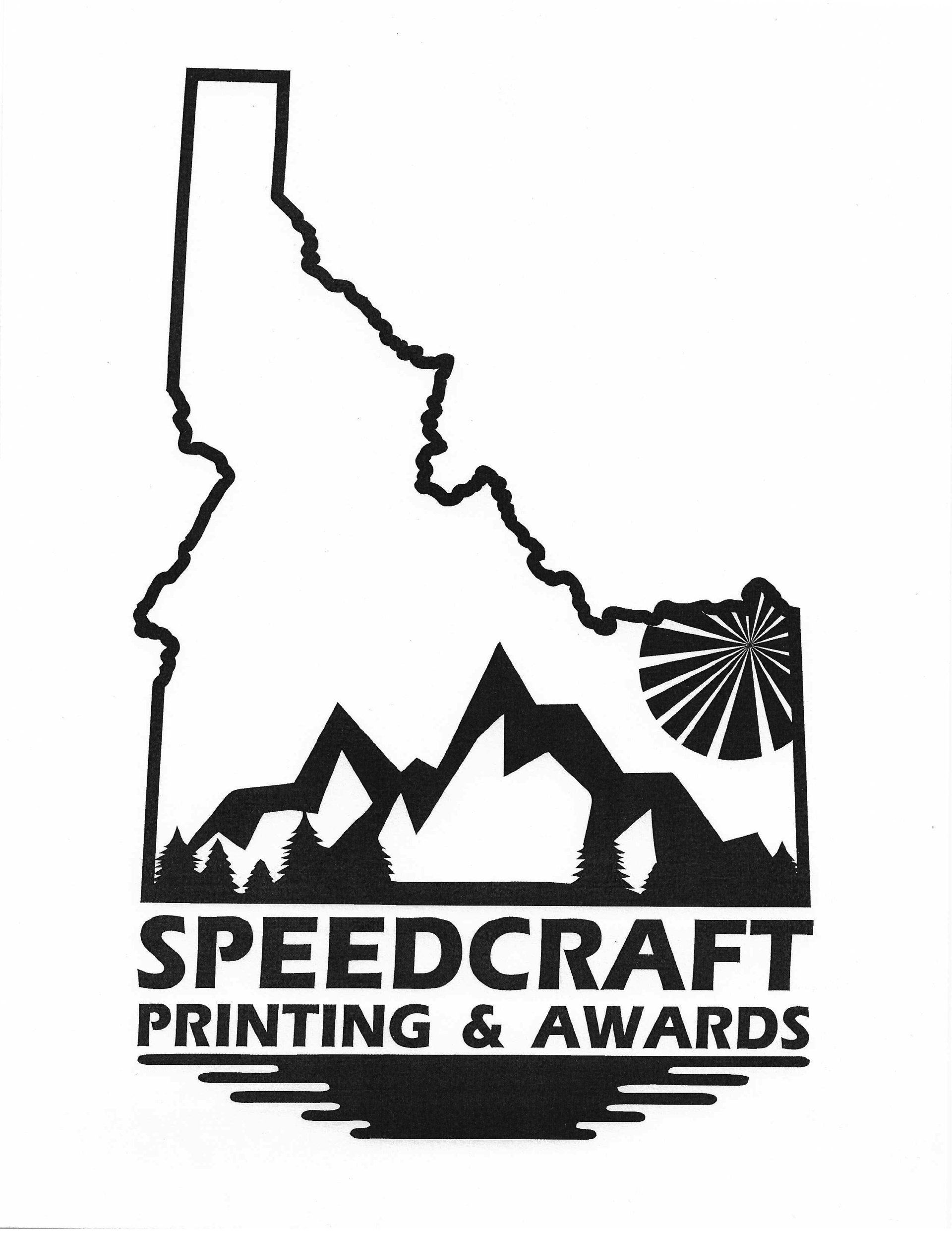 A black and white logo for speedcraft printing and awards