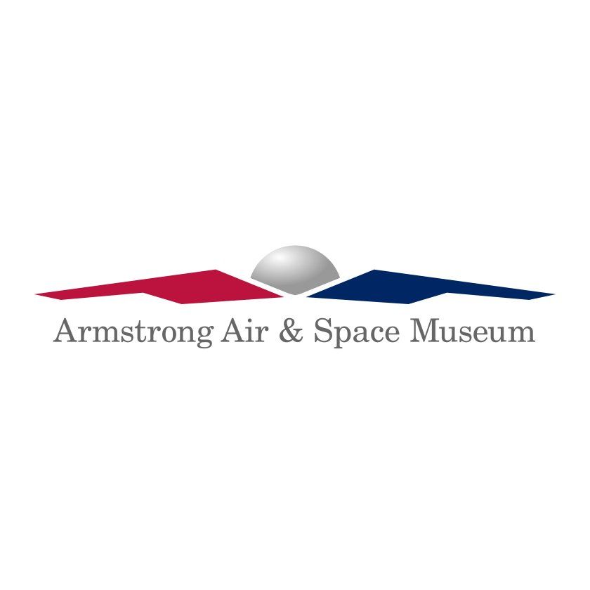Armstrong Air & Space Museum logo with red and blue wings, a silver sphere, and text.