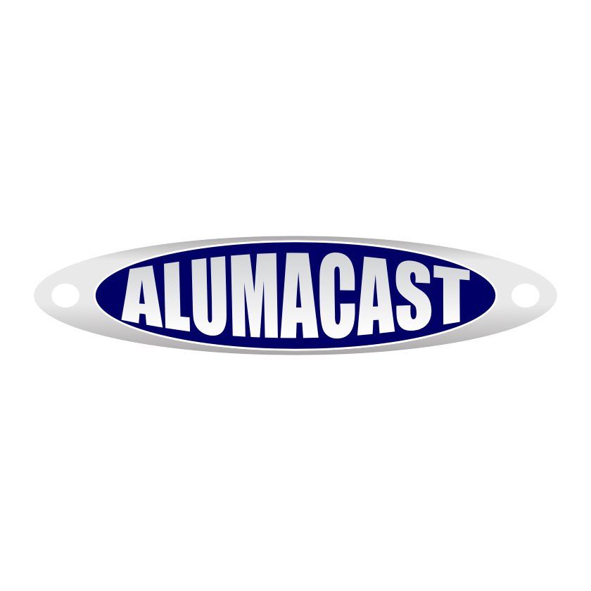 Logo for Alumacast in white text on a blue oval, set inside a silver, oblong shape.