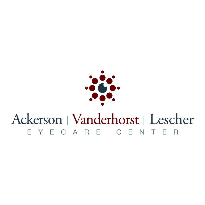 Logo for Ackerson, Vanderhorst, Lescher Eyecare Center, featuring a maroon eye icon and text.