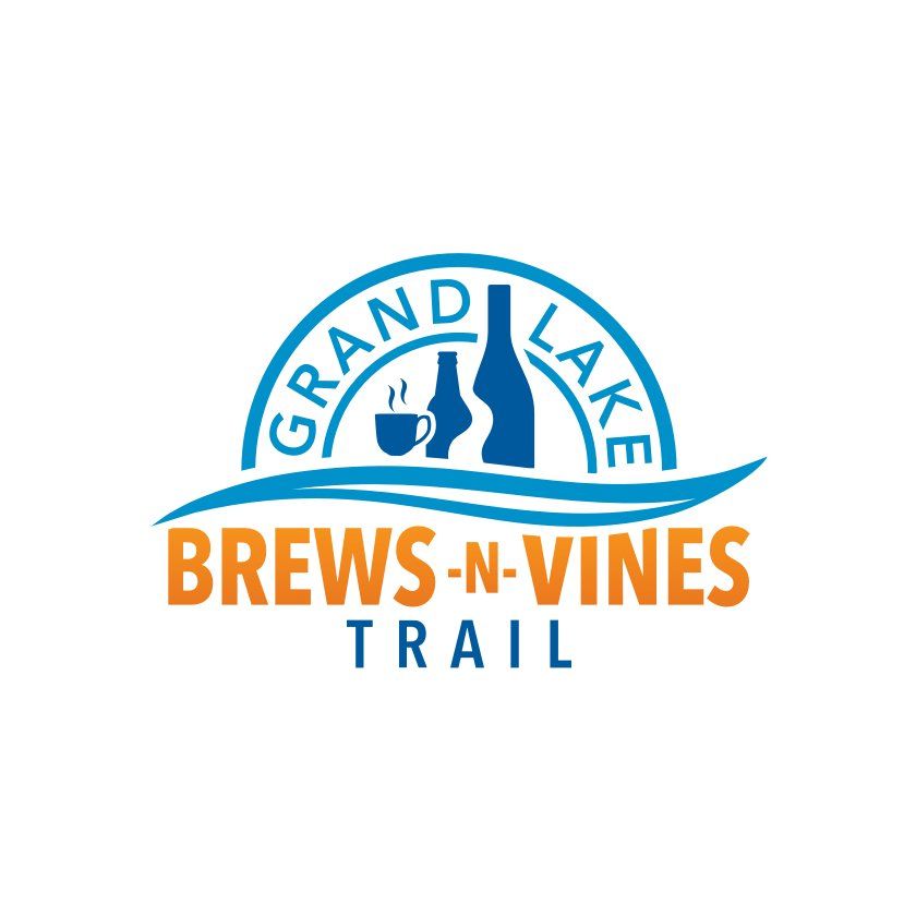 Logo: Grand Lake Brews-n-Vines Trail; blue arch with text, two bottles, a cup, orange text, and blue waves.