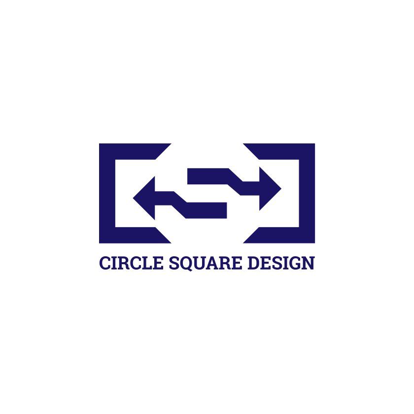 Blue logo: Arrows exchange within a square-like frame, with text