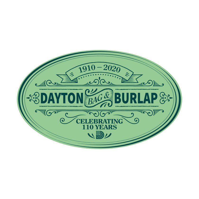 Green oval logo for Dayton Bag & Burlap. Features text