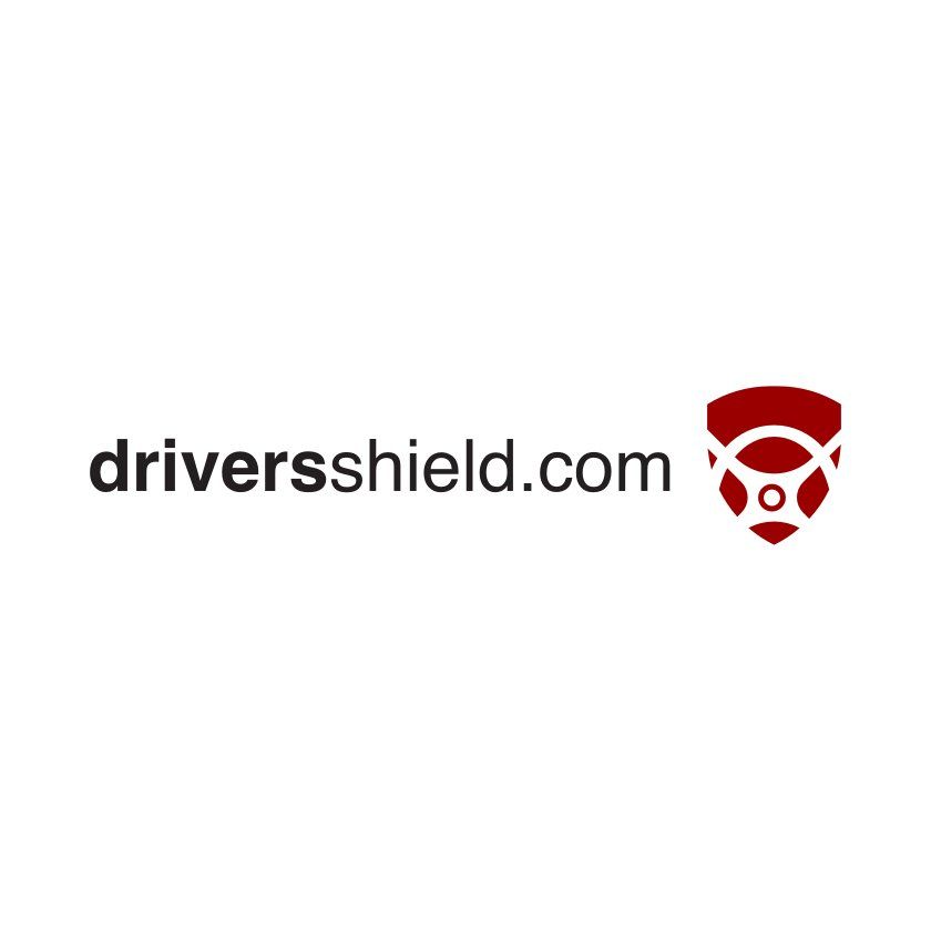 Driversshield.com logo: Text and a shield-shaped icon with a steering wheel in red.