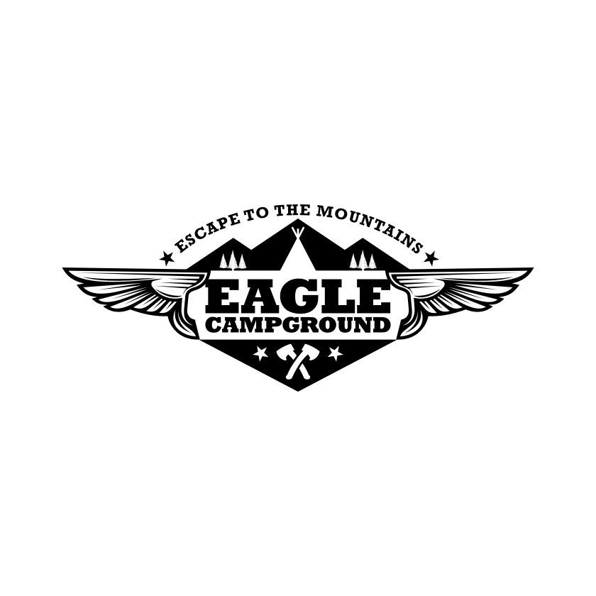 Eagle Campground logo with wings, mountains, text