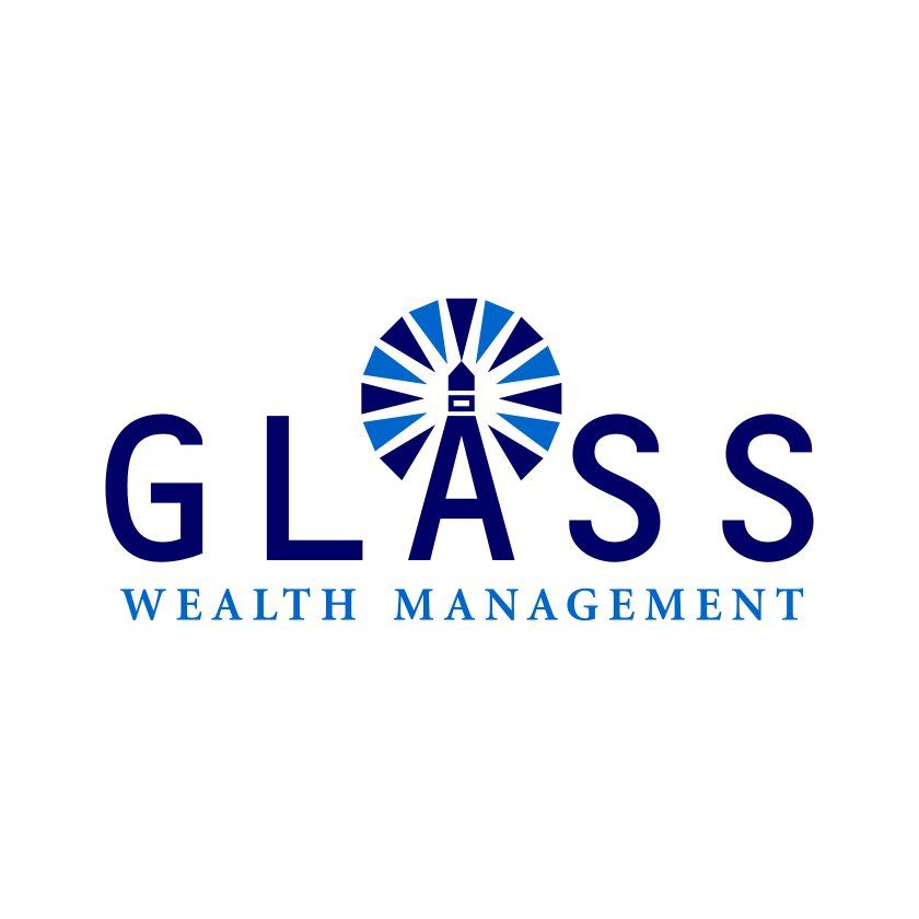 Logo for Glass Wealth Management: Blue text with a lighthouse icon.