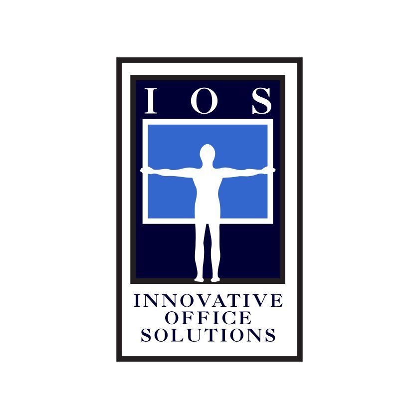 Logo for Innovative Office Solutions: a person silhouetted inside a blue window, IOS letters above, text at the bottom.