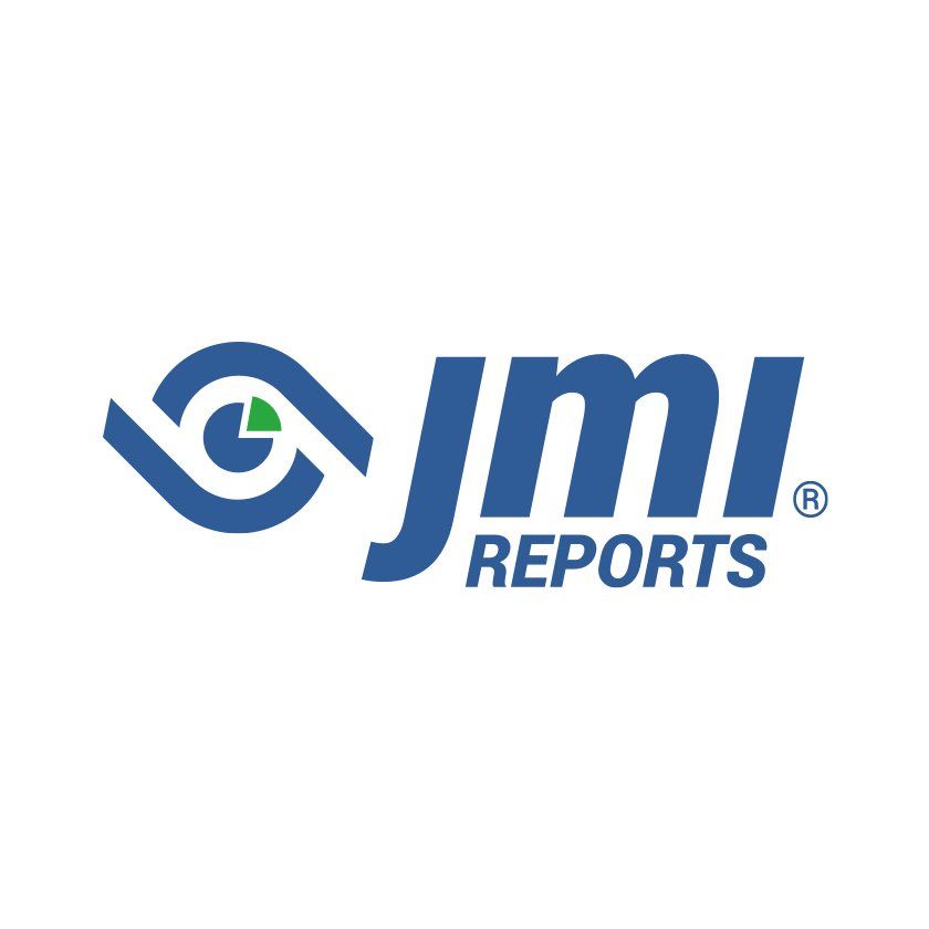 Logo for JMI Reports, blue and white text with an eye-shaped graphic.