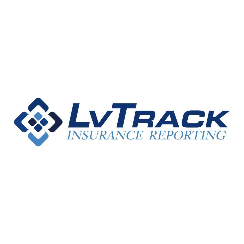 LvTrack Insurance Reporting logo: blue and white geometric design and text on white background.
