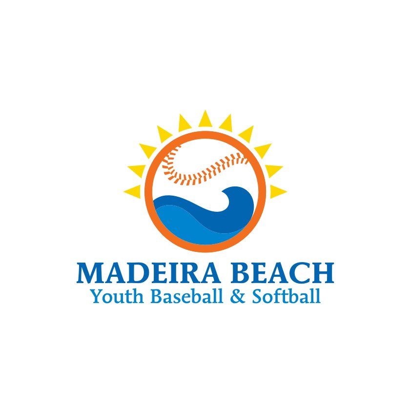 Logo for Madeira Beach Youth Baseball & Softball: baseball in sun, wave.