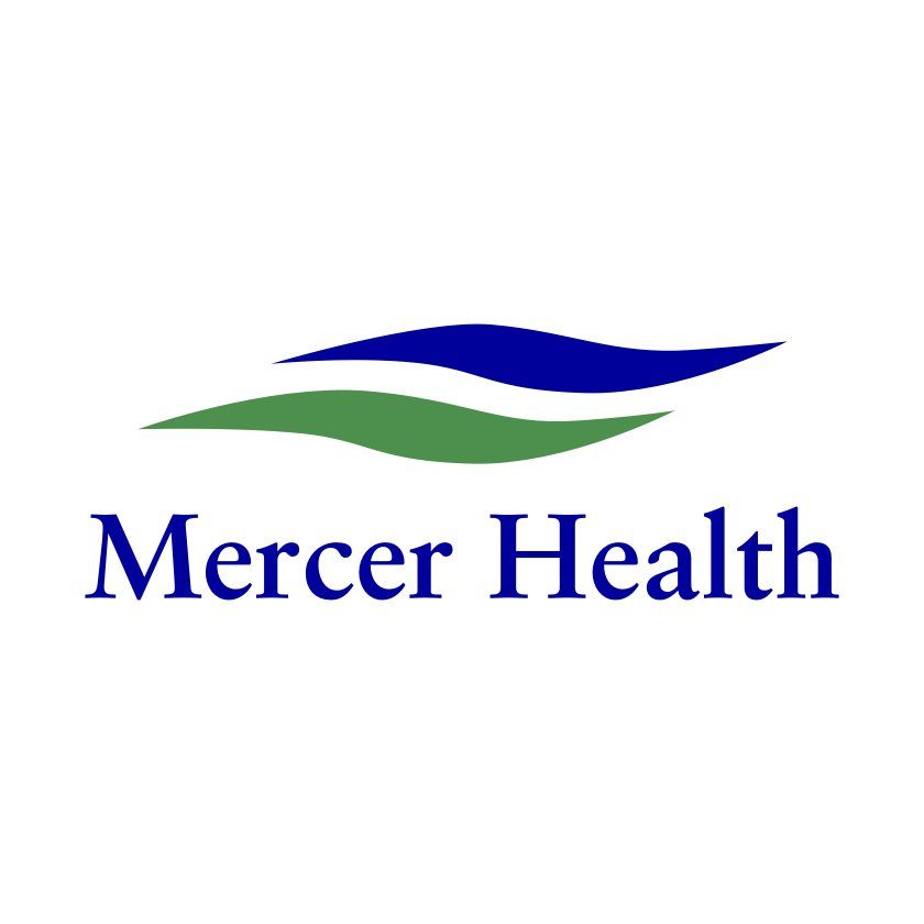 Mercer Health logo: Blue and green curved lines above the words