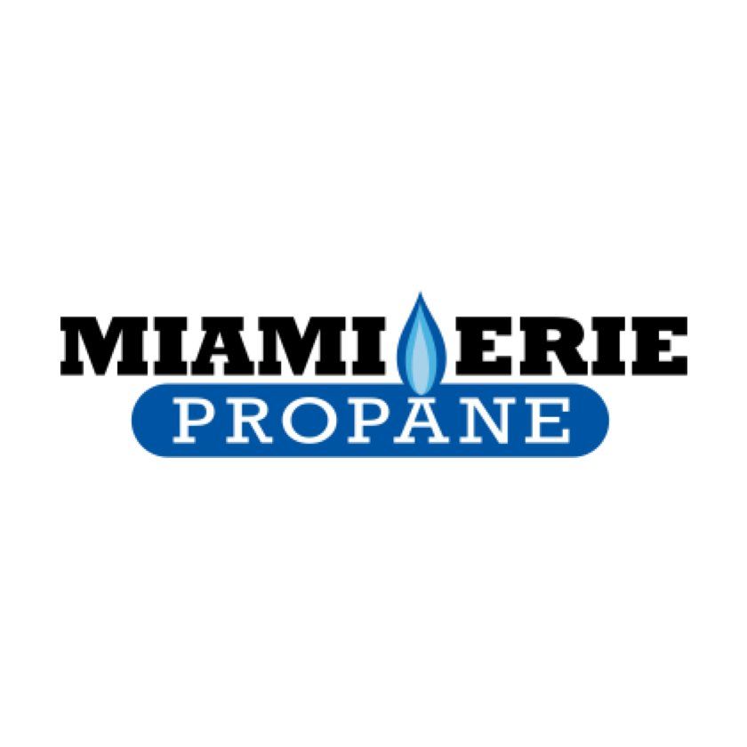 Logo for Miami Erie Propane, text with a blue flame icon and blue bar.