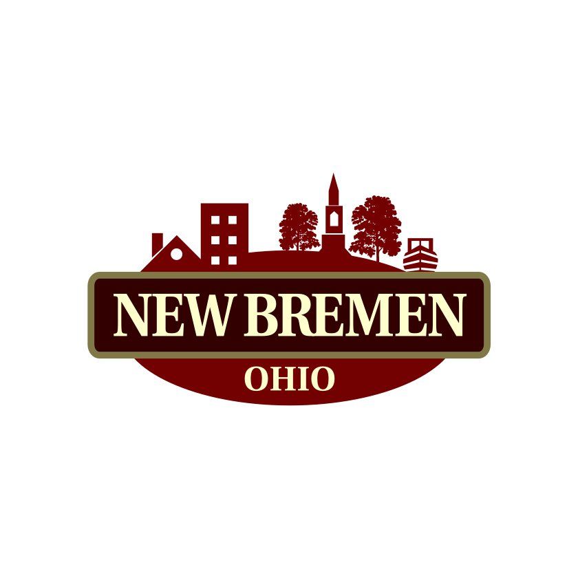 Logo for New Bremen, Ohio, featuring a skyline silhouette in burgundy above a brown rectangular label with text.