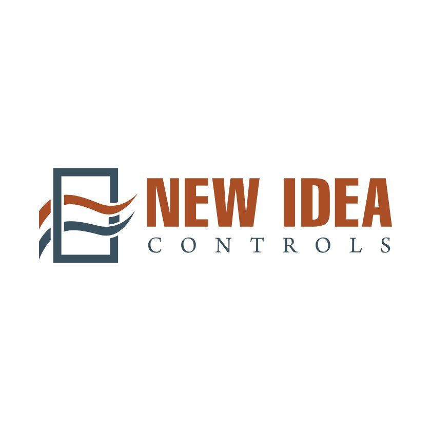 Logo for New Idea Controls, text in brown with a graphic of air waves in a blue box.