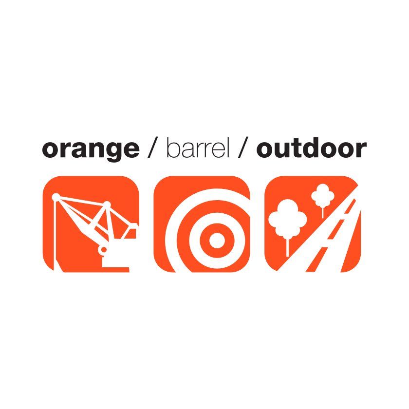 Orange logo with symbols: crane, target, road with trees.