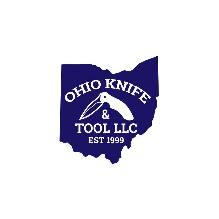 Logo for Ohio Knife & Tool LLC, featuring the Ohio outline, text, and knife graphic in blue and white.