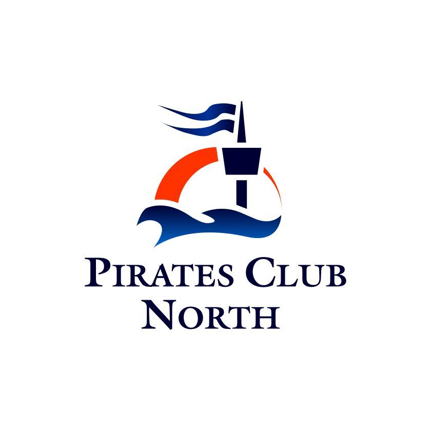 Logo for Pirates Club North, featuring a ship mast, flag, orange circle, and blue waves.