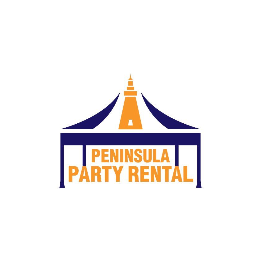 Logo for Peninsula Party Rental: blue tent shape with orange lighthouse, orange text below.
