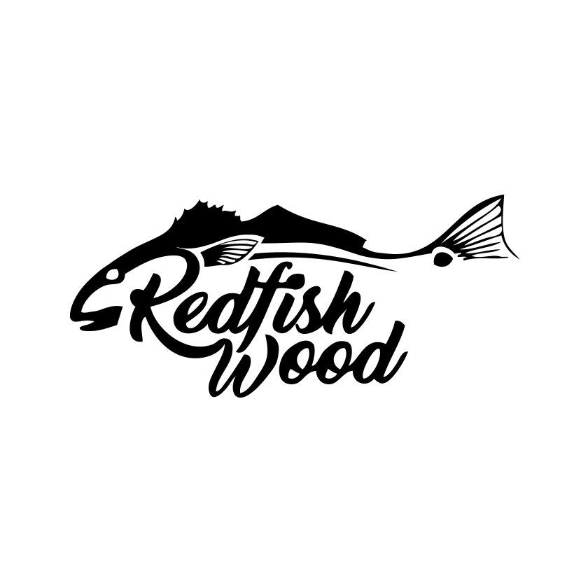 Black and white logo: stylized redfish with