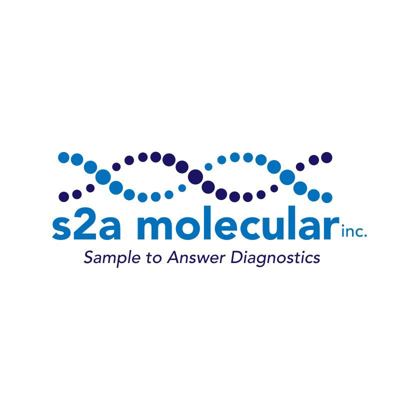 Logo for s2a molecular inc., with a DNA helix made of blue dots and the text