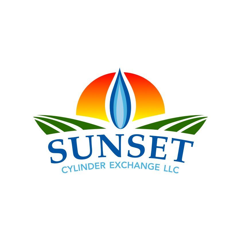Logo for Sunset Cylinder Exchange LLC, featuring a stylized sunset, a blue water drop, and green field lines.