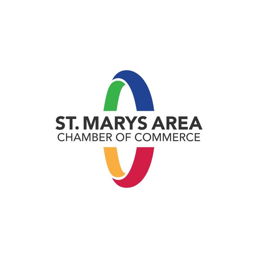 Logo for St. Marys Area Chamber of Commerce: an oval shape of four colors, and text.