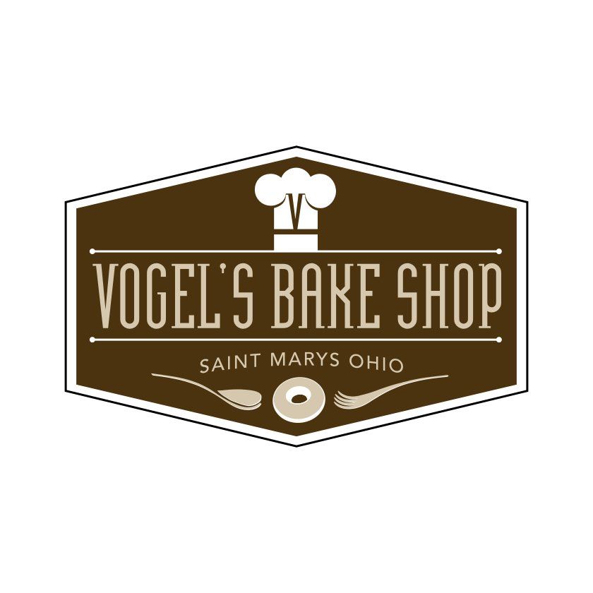 Logo for Vogel's Bake Shop, Saint Marys Ohio. Brown and white with chef hat icon.