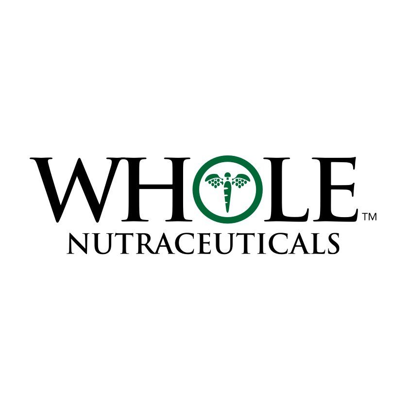 Whole Nutraceuticals logo: black text with green medical symbol in 'O' on white background.