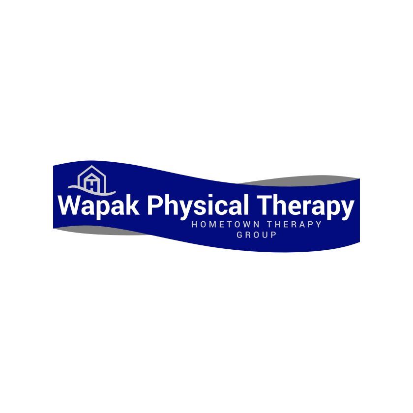 Logo for Wapak Physical Therapy. White text on blue banner, gray outline. Home icon.