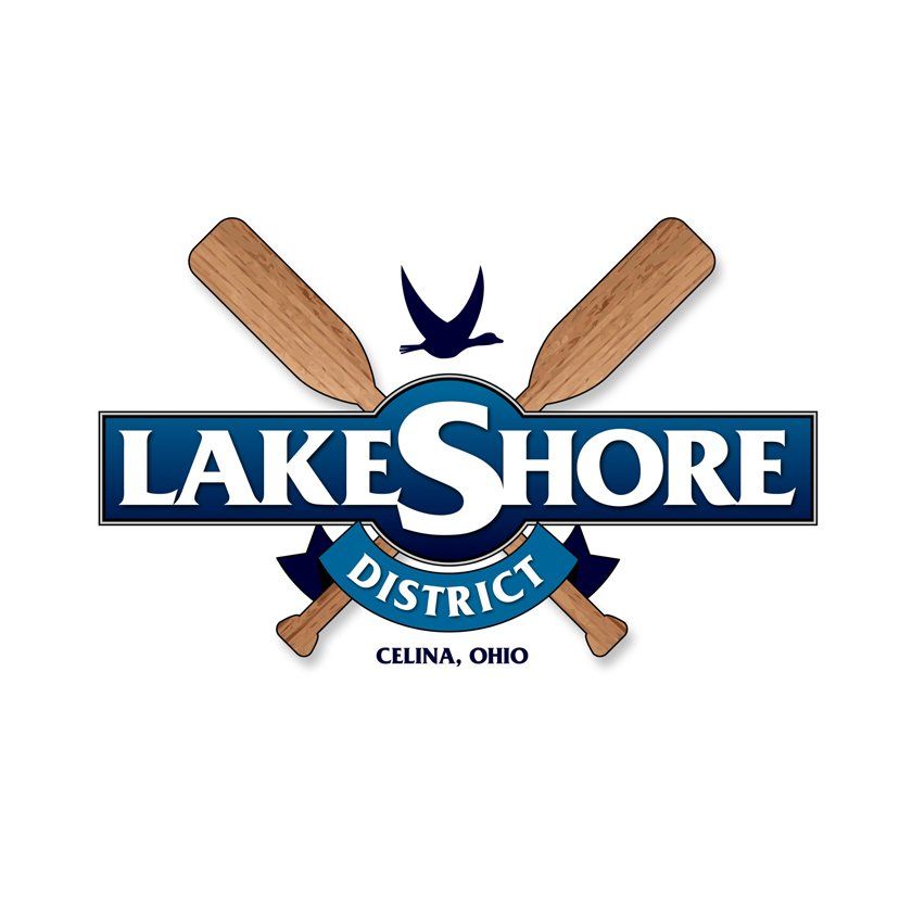 Lakeshore District logo: Crossed oars, blue banner with white text
