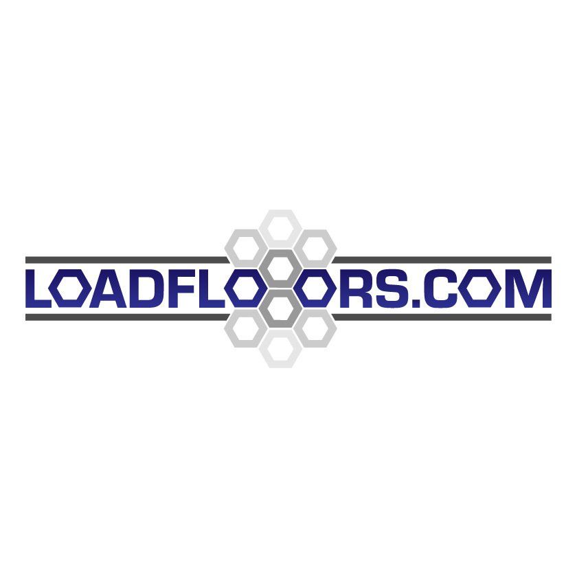 Logo for LOADFLOORS.COM, featuring text with a honeycomb design in blue and gray.