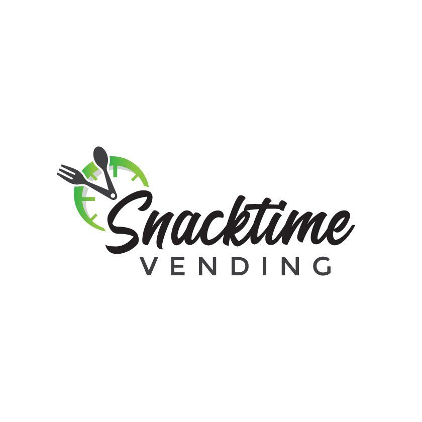 Logo for Snacktime Vending: Spoon and fork on clock, text
