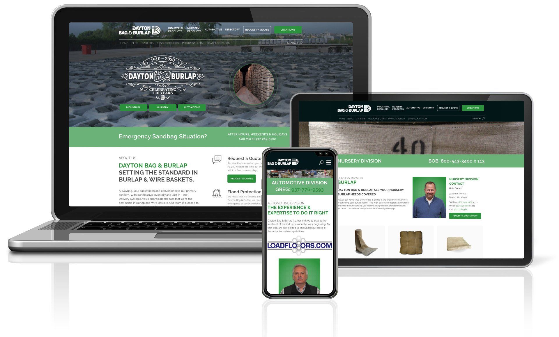 Website displayed on laptop, tablet, and smartphone screens. Green and white color scheme.