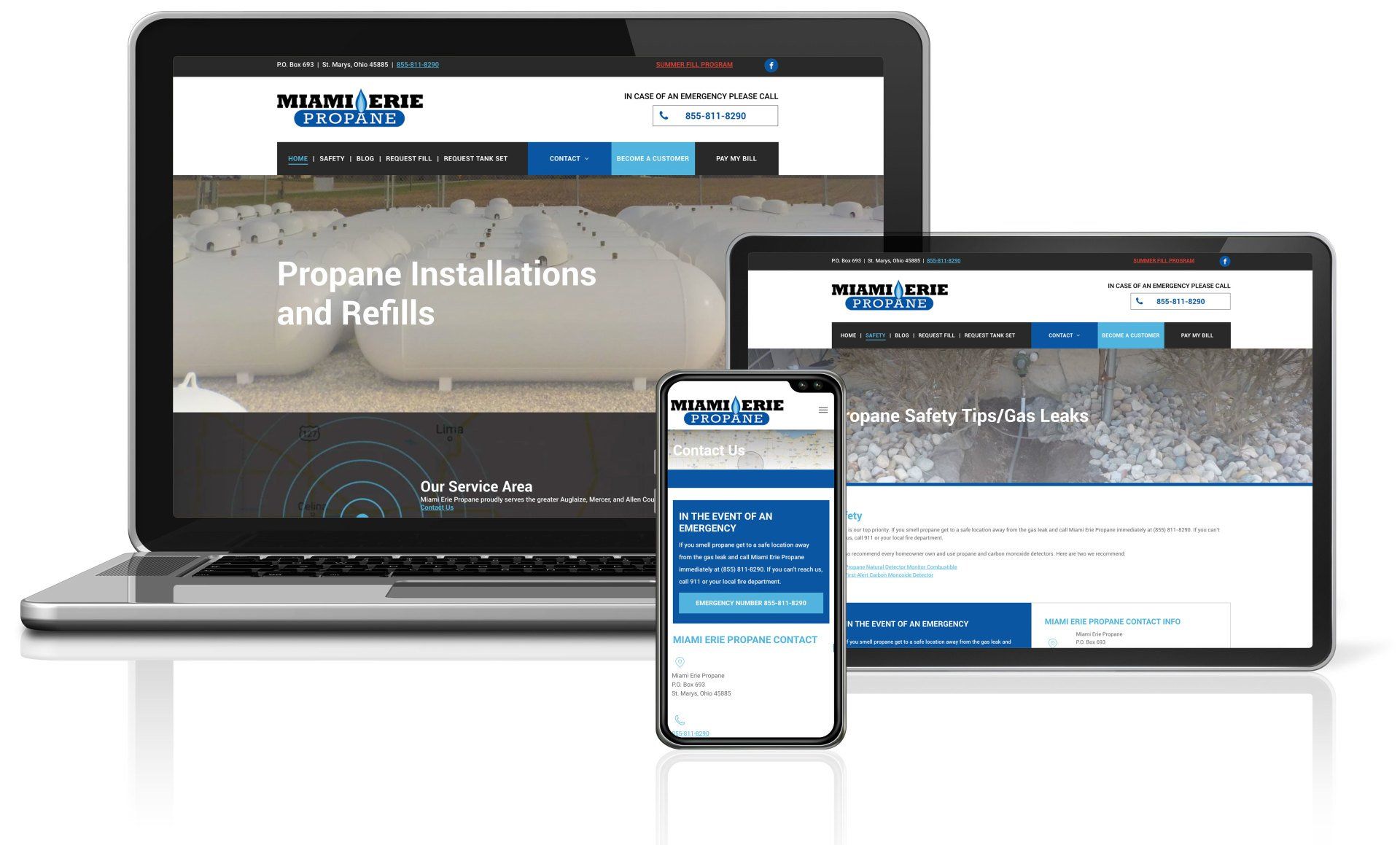 Website display on laptop, tablet, and phone screens showcasing propane installations and refills.