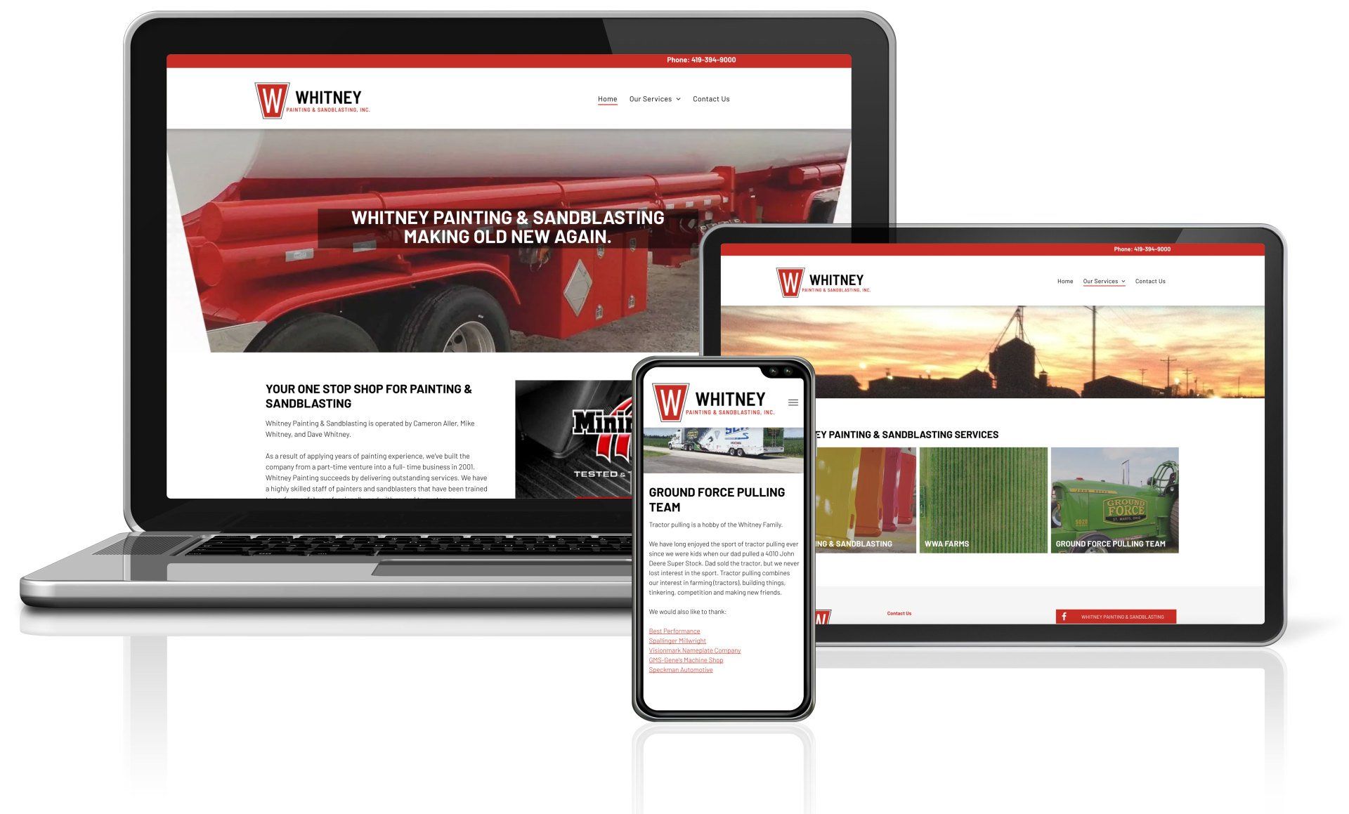 Website displayed on a laptop, tablet, and smartphone. Red and white branding, showcasing a tanker trailer.