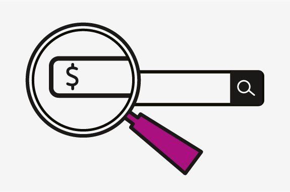magnifying glass looking at dollar sign on search bar